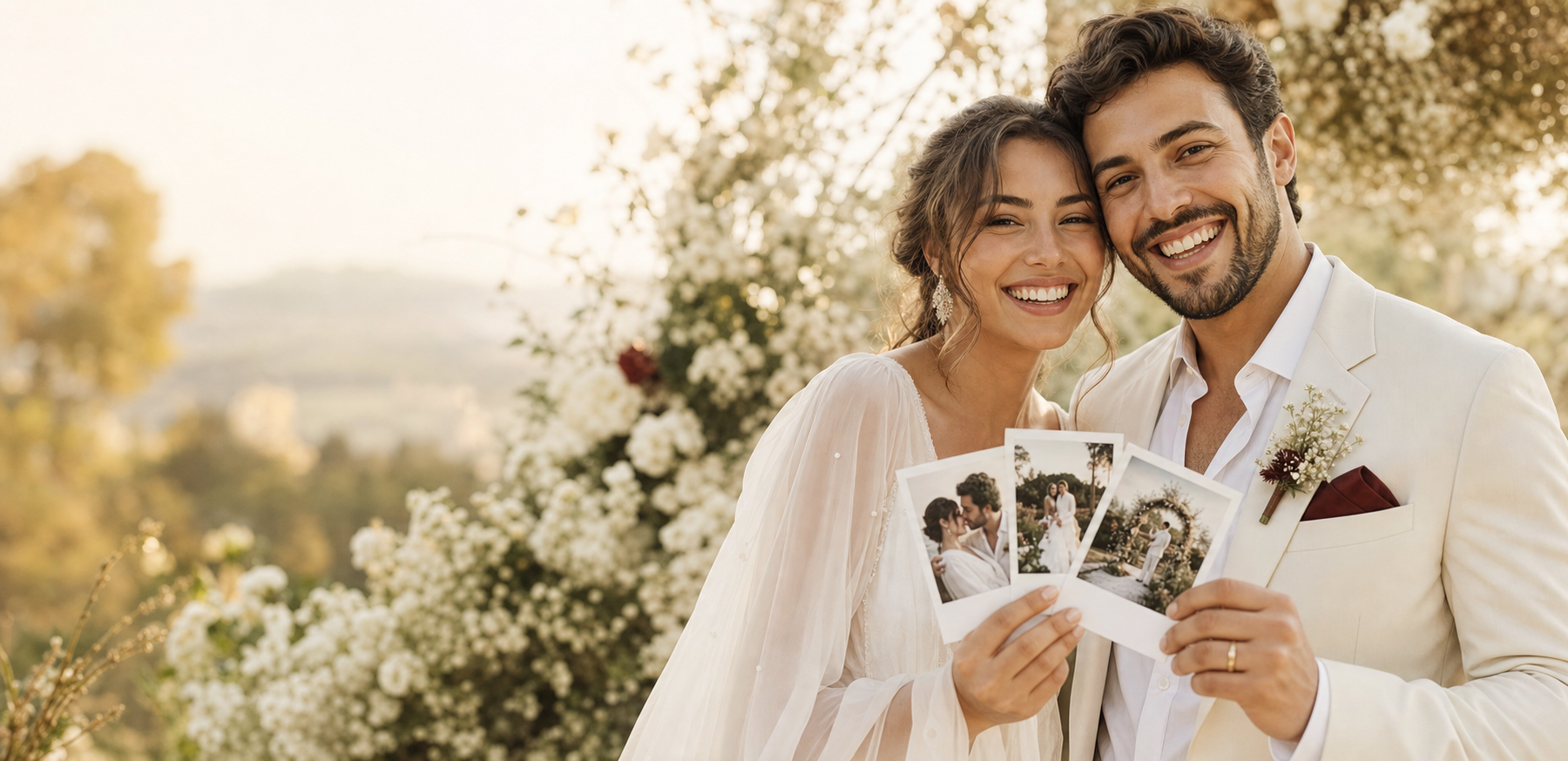 Casal sorrindo em polaroids de casamento